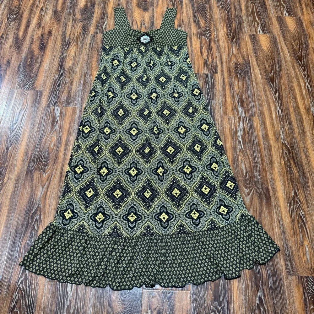 Y2K Cato L Maxi Dress Womens Yellow Black Geometric Medallion Boho Ruffle Hem
